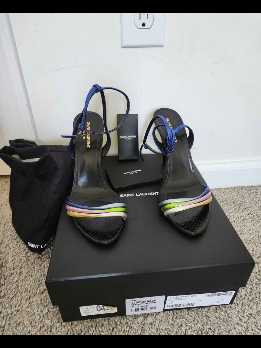 Saint Laurent Black Leather Open-Toe Heels with Multicolor Front Straps
